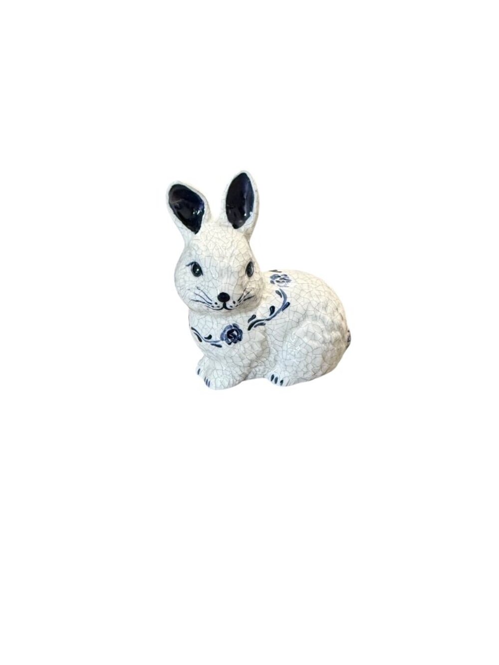 VTG Dedham Pottery Sitting Bunny Rabbit Crackle Glaze Floral Pottery Figurine
